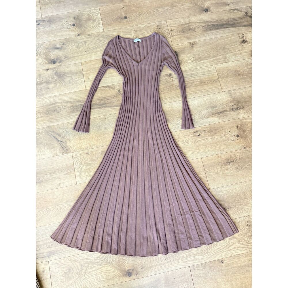 WORTH COLLECTIVE S Hearth V-Neck Maxi Dress ribbed long back long sleeve brown